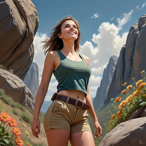 Prompt: 4k , high resolution  , photorealistic painting ,artistic, dark colors  , nature , blue sky  ,mountain ,woman in modeling pose , flowers,rock, short beige pants with belt ,dark green tank top shirt , close up , modeling , model stance , sweat,summer , hot , unique pose , smile , low angle shot , she is looking up the sky