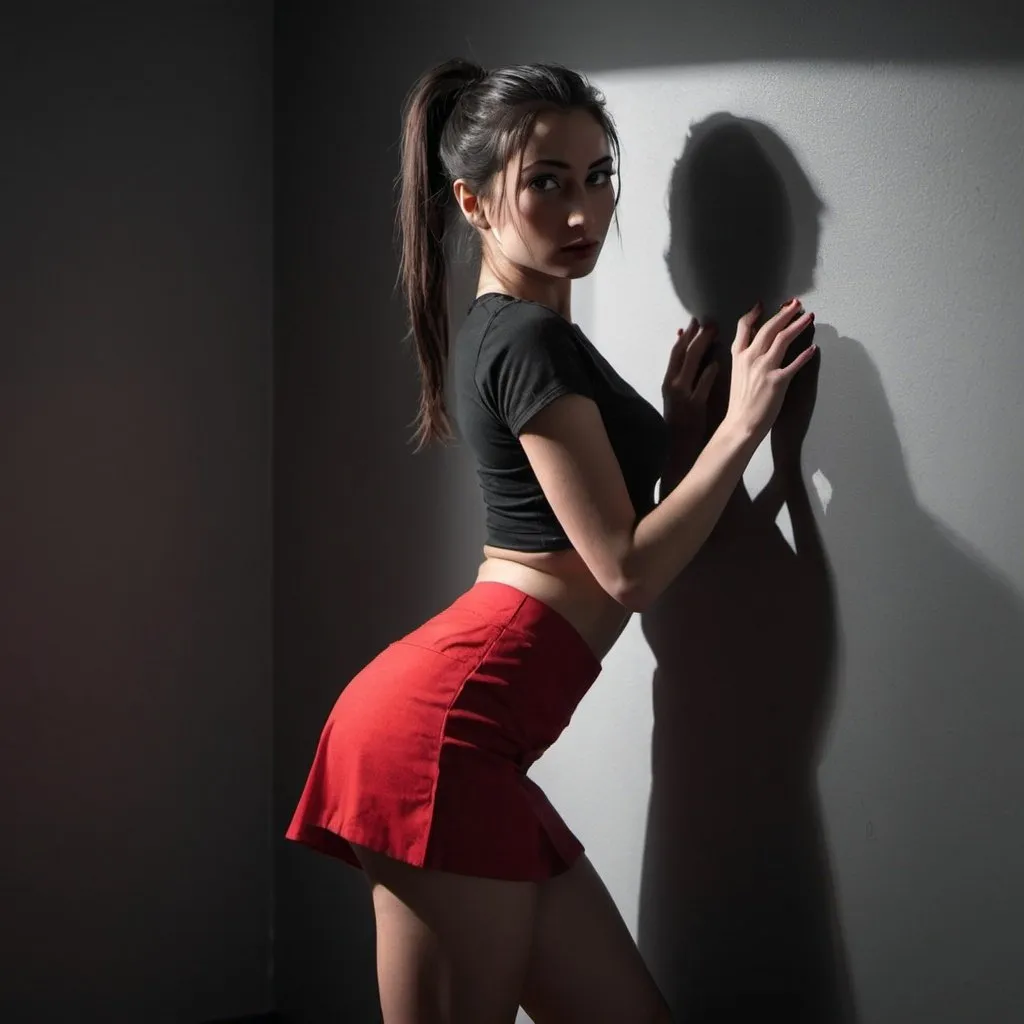 Prompt: 4k , high resolution , dark colors ,achromatic grays , detailed photo modeling , artistic, room , corner , a woman is leaning near the wall,hands touch the wall ,low angle shot,show legs,portrait,ponytail, black hair , black crop top shirt , detailed red miniskirt, light shines the woman , light and shadow photography , expressionism ,modeling stance 