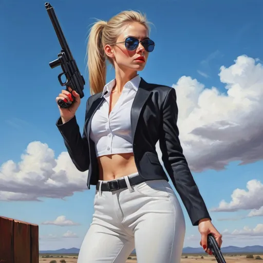 Prompt: 4k,oil painting,high resolution,professional, bright colors , blue sky,modeling , a secret agent woman is holding guns  ,she is standing ,ponytail haircut ,blonde hair, opened black jacket ,white shirt, red tie , black tight long pants ,focus on legs ,she wears sunglasses , mirrored lens, close up , portrait , view from the ground , low angle shot