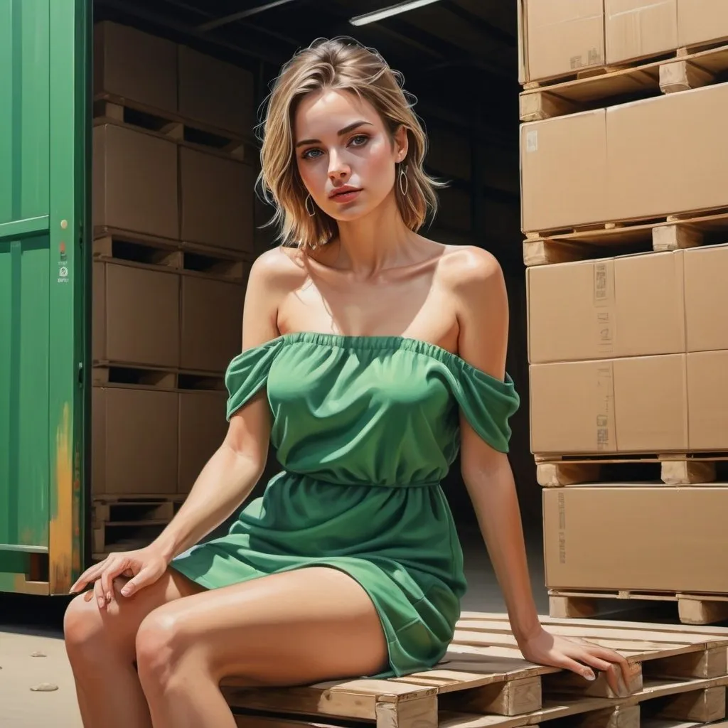 Prompt: 4k , high resolution , hyperrealism , industrial ,digital painting , expressionism , sand , cartons , warehouse , roller shutter door ,
a woman is sitting on pallet , off shoulder green mini dress , close up 