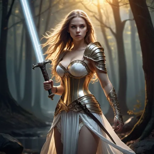 Prompt: brave female warrior holding a magical glowing sword, she is standing in combat pose ,  white and gold mixed color corset, white dress,long hair ,  fantasy, digital painting, (4K), high resolution, dynamic pose, intense expression, glowing aura,nature , trees , dark forest , bridge , grim atmosphere  , intricate details, soft shadows, night ,dramatic lighting, epic composition, HD quality, 