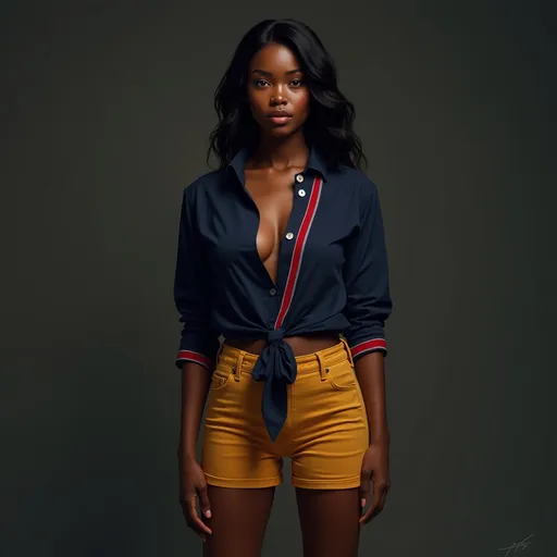 Prompt: digital painting , modeling studio, dark room ,dime light ,
a full body image of a black woman with long hair  wearing navy blue opened buttoned shirt with v-neck also has red and gray strips , mustard fitted shorts , she is standing in modeling pose 