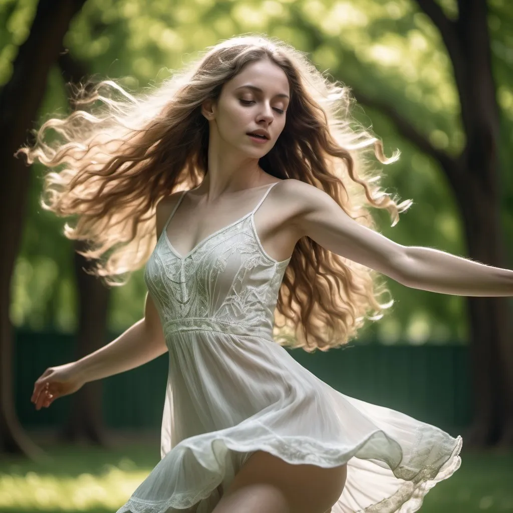 Prompt: 4k , vintage , portrait, high resolution , detailed photo ,achromatic ,opened  nature ,trees , woman is dancing ,emphasize the woman , detailed  white short dancing dress , long hair , green eyes ,green  walls, dramatic , sunlight shines the woman , close up on woman  dynamic , energetic , 