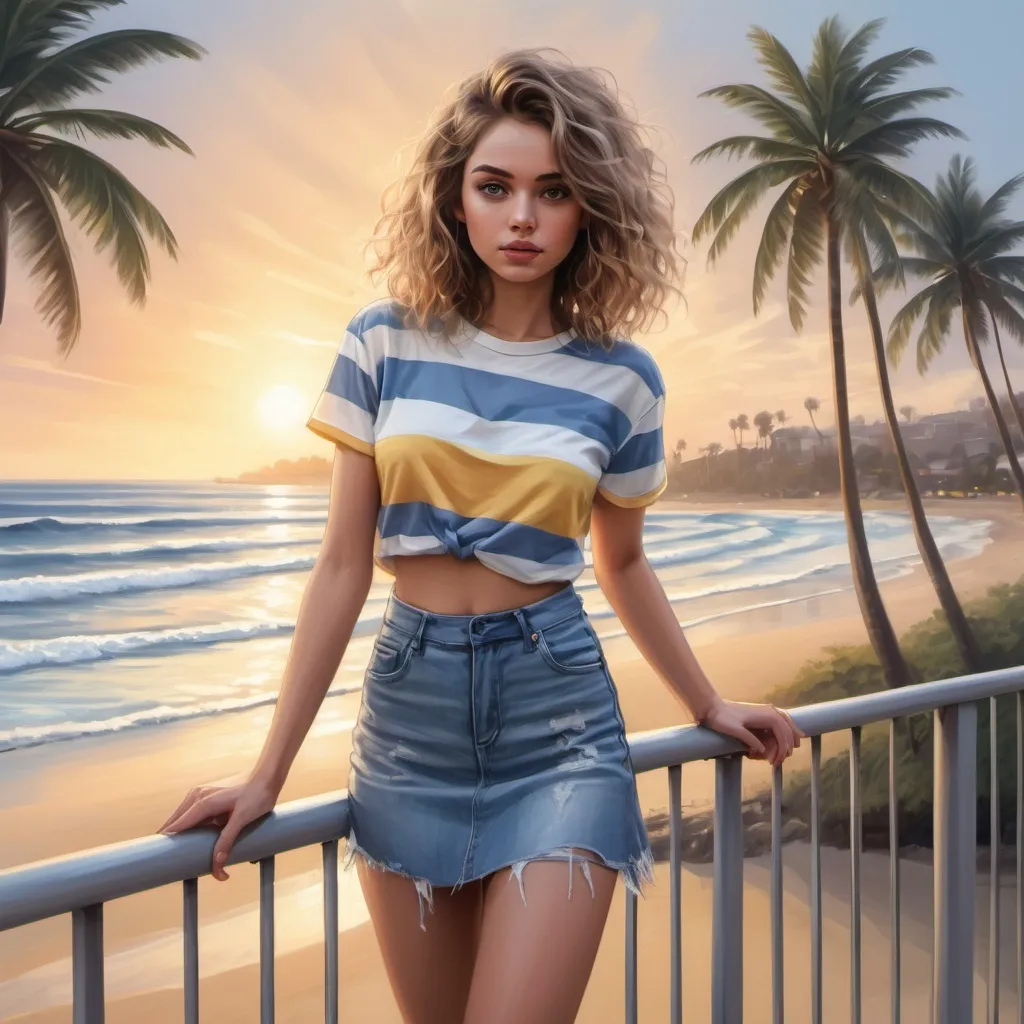 Prompt: a digital painting of a woman ( striped white blue and yellow shirt,Denim Skirt,,) standing , safety railing behind her and beach in the background with a beautiful sunset and palm tree ,Messy Beach Waves haircut , fashion photography 