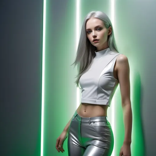 Prompt: (futuristic), woman in a (white unique sleeveless shirt ,gray tight pants) (gray long hair, pale skin) ,silver shining  aesthetic wall, ,(fashion photography),(artistic shot),  contemporary fashion shoot, character portrait, green light illuminating the the woman and background ,innovative design elements, ,vibrant color contrasts, artistic composition, high-quality, ultra-detailed, expressive pose, unique style, modern aesthetic.