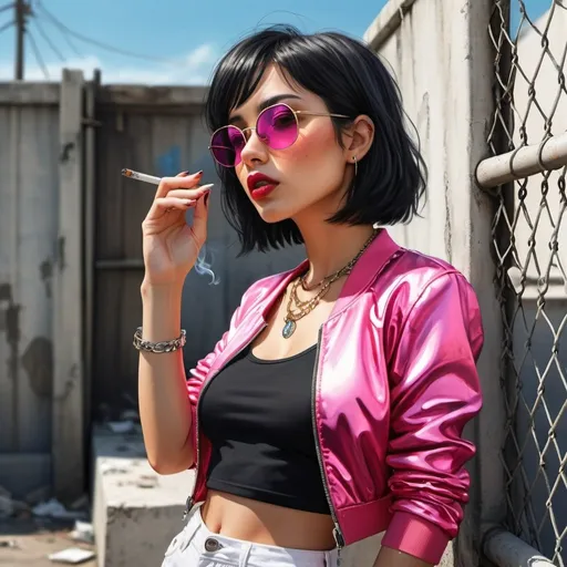 Prompt: 4k , high resolution , detailed , bright colors, photo,digital painting , photo realism painting  , artistic ,professional ,  a woman leaning against old white concrete wall  behind her, she smokes a cigarette  , garbage  , chain-link fence,modeling stance , black hair , bob haircut , opened black jacket , white crop top shirt , pink shorts ,sunglasses ,mirrored lens , pink temple, close up ,low angle shot  ,portrait , 