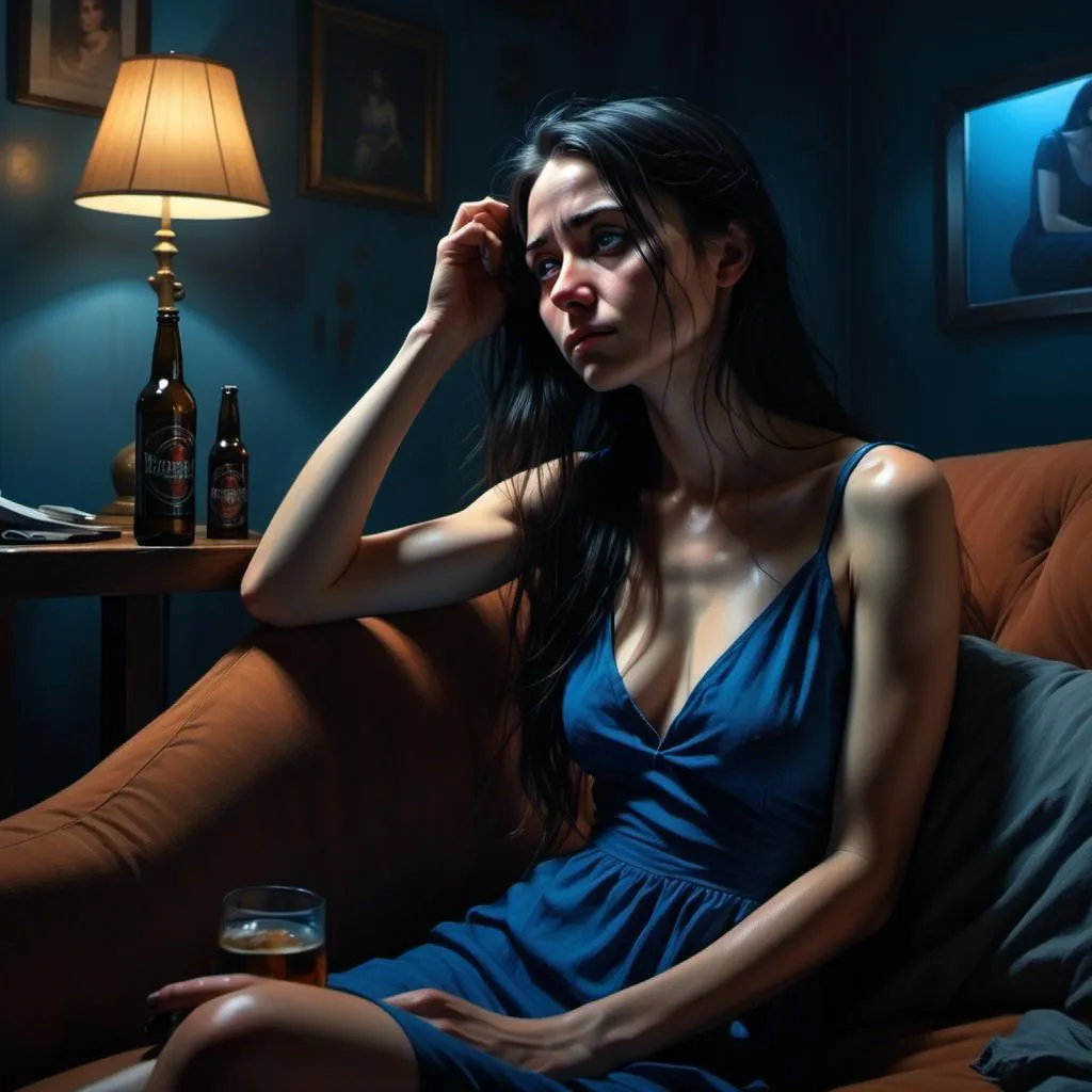 Prompt: <mymodel>
4k , high resolution , photorealism , painting ,emotional ,digital ,blue color in background ,expressionism,modeling , artistic , dark room , woman sits on couch and watches television ,the television screen reflects lights on the woman  ,she holds beer bottle in her hand , she is sad and bored 
eyes , sad eyes , low angle shot