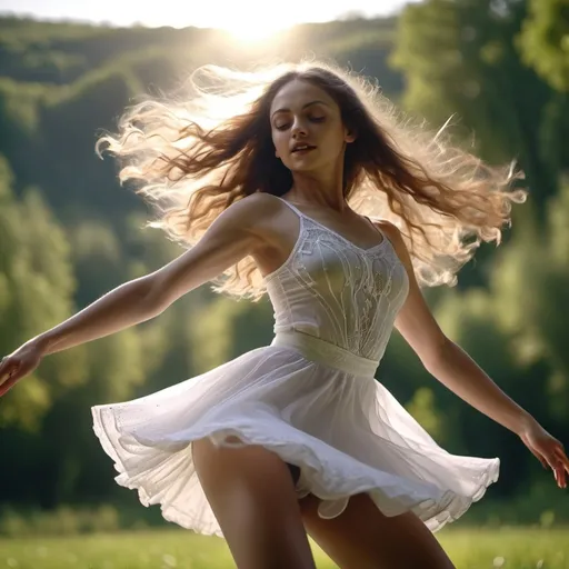 Prompt: 4k , portrait, high resolution ,artistic , detailed photo ,dark colors ,woman is dancing in nature , detailed  white short dancing dress , long hair , green eyes , dramatic dance  ,sunlight shines the woman , close up on legs ,dynamic , energetic , dress moves while dancing,low angle shot ,feet , good composition 