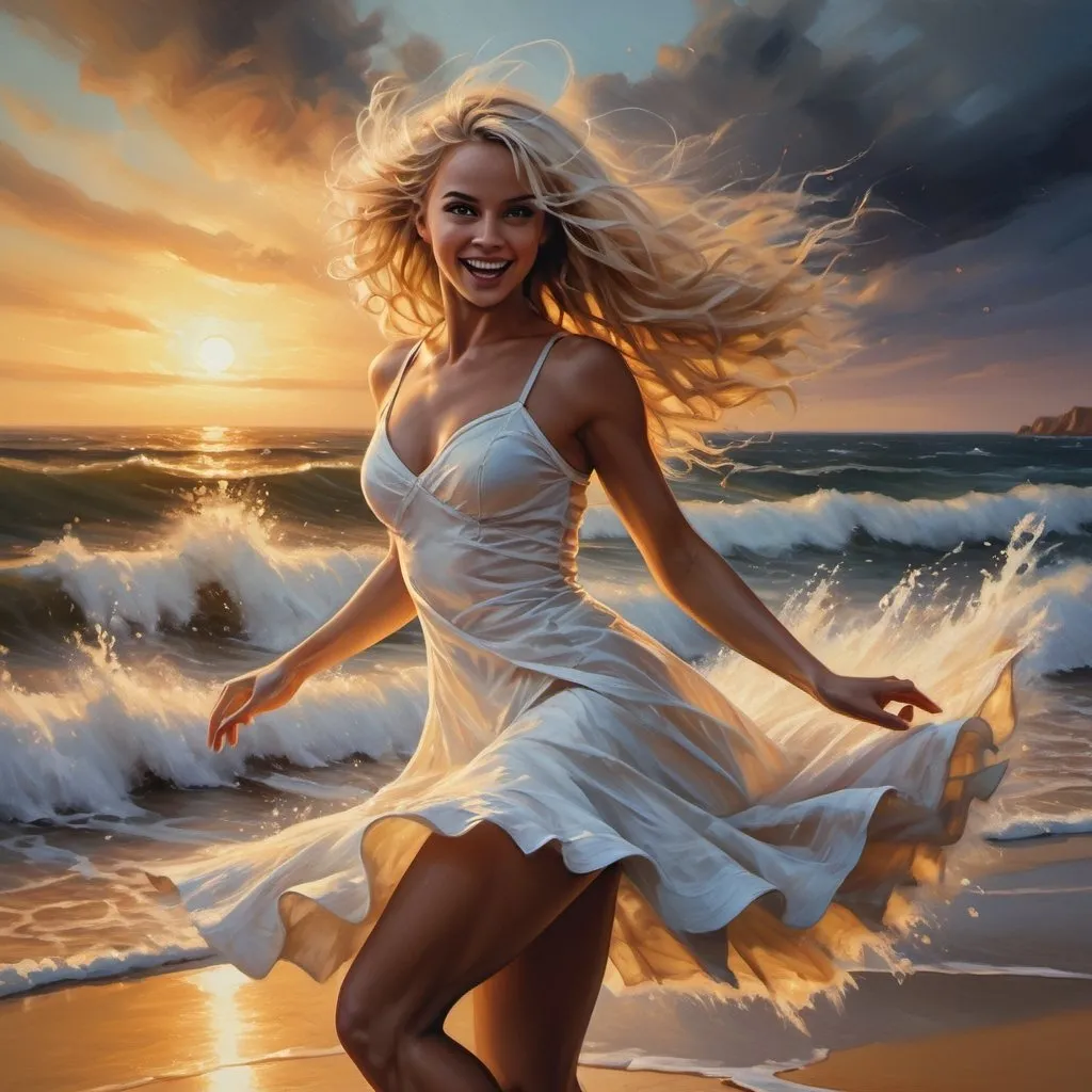 Prompt: 4k ,oil painting , high resolution ,artistic, dark colors, sea , sunset , sand , a woman is dancing,dramatic dance ,good mood, fun,joy, white cream short dress ,detailed dress, blonde long hair  ,dynamic, dress moves while dancing , low angle shot ,legs , good composition , strong wind , close up , strong wave 