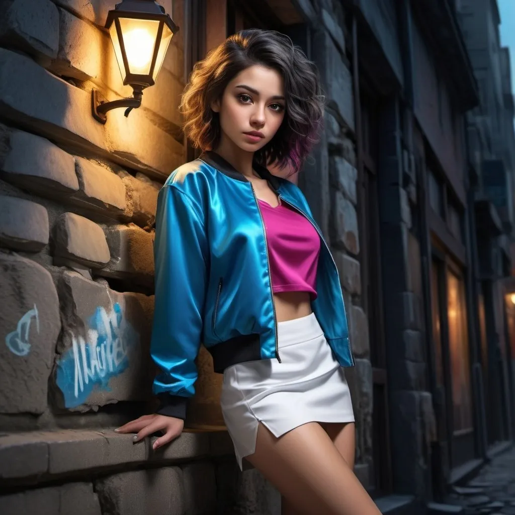 Prompt: neglected building ,old street,cracked illuminated stone wall, night ,street light  , a woman leaning against the wall in modeling pose , blue jacket , fuchsia crop top shirt , white , miniskirt , brown skin , curly black and gray mixed hair  ,legs , 4k , glamour photography , high resolution , digital painting , photorealism , dark colors , art photography , close up