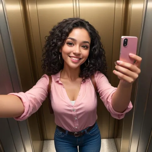 Prompt: 4k, high resolution, digital painting, art photography, inside elevator, detailed elevator, up angle, a 34 years old woman taking a selfie, long black curly hair, brown skin, pink buttoned  shirt, v-neck, blue long skinny jeans, detailed features, professional lighting , smile 