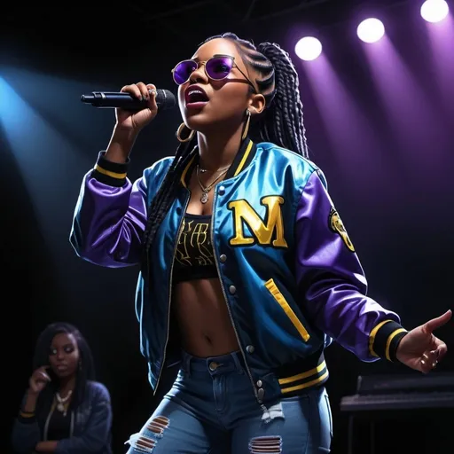 Prompt: detailed , high resolution  digital painting, low-angle of a 28 years old black female rapper in a dark stage , she is singing , black braid hair, purple letter jacket , blue ripped skinny jeans ,sunglasses , mirrored lens ,
,dark colors, 4k, high resolution, art photography,  intense lighting, dramatic shadows, professional, , atmospheric lighting , full body , crown cheering 