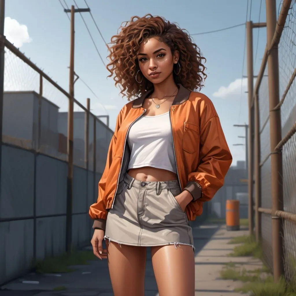 Prompt: 4k , high resolution , detailed , digital painting , a woman stands next to chain-link fence,industrial , factory , ,modeling pose ,a neglected street, curly hair,brown skin ,she wears brownish orange jacket , white crop top shirt , gray miniskirt ,leg , good lighting 