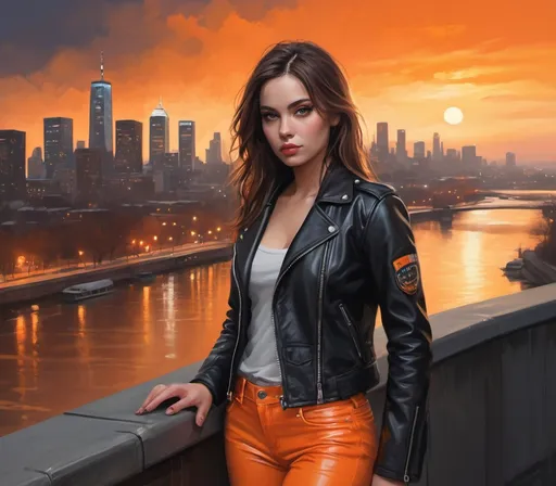 Prompt: digital painting of a woman (black leather jacket ,orange pants ) (close up)  , city skyline and  a river in the background at night time with a bright orange sky reflecting on the water ,winter ,fog ,clouds , art photography, at night, high resolution , realism , beautiful sunset , close up 