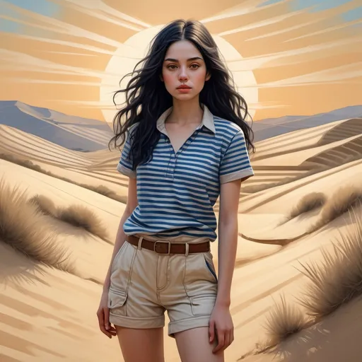 Prompt: digital painting , (woman in a striped shirt)(horizontal stripes ,blue and white) and (ivory cargo shorts ) (striking outfit),(long black hair,pale skin), intricate details, sandy background, rolling hills, sunset sky featuring hues reminiscent of sand, , soft lighting enhancing the scene, (high-quality) (4K), emphasizing contrast between her vibrant attire and the tranquil natural setting, highlighting her presence against the picturesque landscape , 