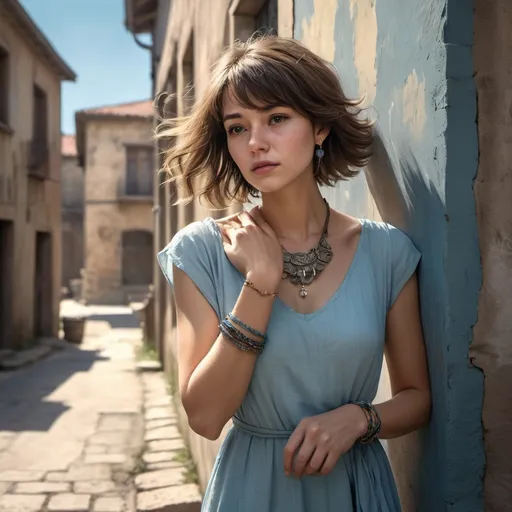 Prompt: digital painting of a woman( in (light blue dress   ,bracelet , necklace)bangs hair , leaning against the wall in modeling pose(artistic photography ) outside on a sunlit street, (daylight streaming softly onto her skin), natural lighting, dark colors, crisp details, (old buildings with rustic walls , emphasize the woman's outfit ), high resolution, 4K, emphasizing the warmth of the sun and the comfort of the scene, ultra-detailed elements creating a lively outdoor atmosphere.,ultra detailed face features 