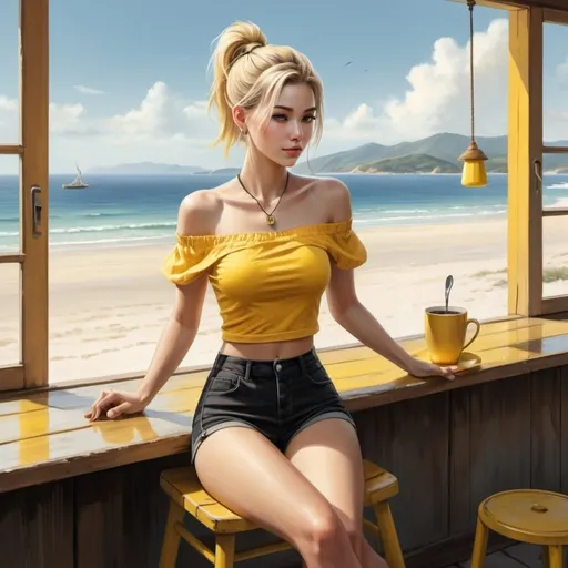 Prompt: a woman is sitting in wooden chair , table , yellow cup of coffee on the table ,window , beautiful view , sea ,sand, high resolution , 4k , digital painting , realism , the woman wears black shorts , yellow off shoulder top ,blonde hair , ponytail ,necklace , muted colors  ,  yellow color emphasized while other colors are muted