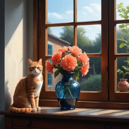 Prompt: 4k , high resolution , detailed , digital painting , realistic painting , dark room , window, half closed shutter , a blue transparent vase on table , coral flowers on vase , curious ginger  cat stands next to the vase.
sunlight shines the vase and the cat through the window shutter , 