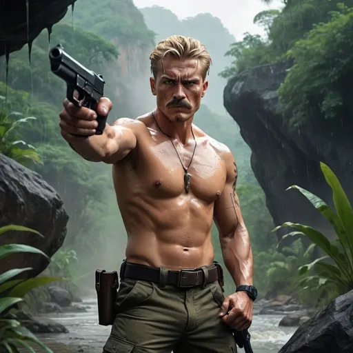 Prompt: 4k , high resolution , detailed , digital painting ,professional , action movie, dynamic , promotional movie poster , dark colors , jungle ,river, bushes, rock , a man holds a pistol , he holds the pistol with both hands and shooting , he wears no shirt , army pants , mullet hairstyle , blonde hair , the parted pencil mustache , muscular , aim stance ,badass look ,bullet belt, tattoo of skull on his arm , full body  , shooting scene , wet skin , low angle shot , angry face 