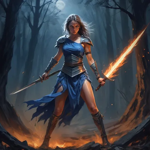 Prompt: a female warrior wearing blue short  dress revealing her legs and thighs , shield on her shoulders ,  she is gripping long sword(magical flamed glowing sword   , fighting stance,  ) ,mystical  burning forest ,ruins, night time , war , horror atmosphere , dramatic , high resolution , digital painting , expressionism , angry face , she looks wounded after long battle