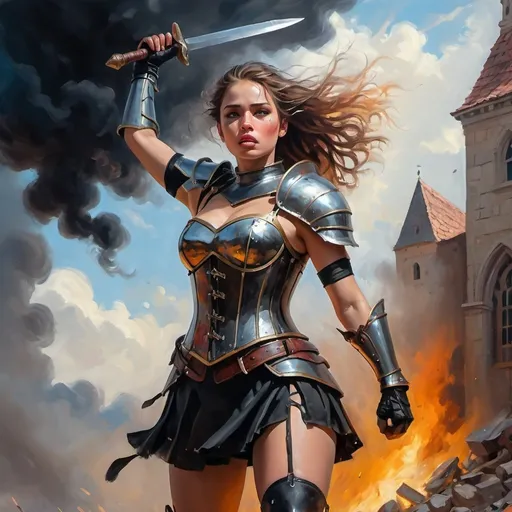 Prompt: 4k , high resolution , oil painting ,knight period, artistic ,fantasy ,destruction, bright colors , a warrior woman is standing proudly and rises the sword up in the air , victory pose , 
  , wounds on face , short black skirt with belt  , black combat corset,shields on both shoulders  , action , dynamic ,  , low angle shot ,show legs, emotional face,