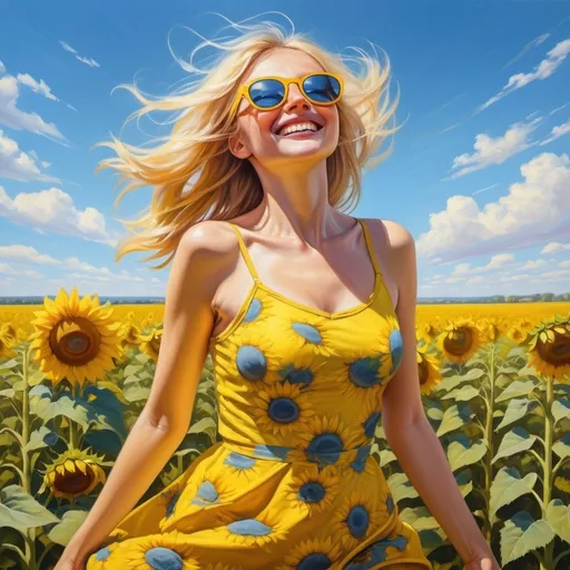 Prompt: 4k,high resolution,detailed,oil painting,spring,bright colors,hot sun,blue sky, common sunflower field,woman dances ,sky ,smile,she enjoys her freedom, blonde hair,yellow floral dress,sun glasses with yellow temples, mirrored lens, focus on legs 