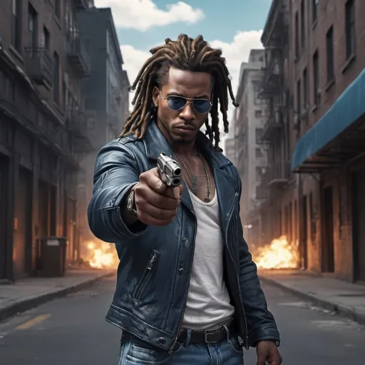 Prompt: A man standing  and  holding a pistol he is pointing the pistol at the viewer , urban settings, black skin, mirrored lens sunglasses, dreadlocks, opened black jacket, muscular body, blue jeans, (illustration), (high resolution), dramatic lighting, somber atmosphere, detailed background with city buildings and streets, dark color tones, realistic art style, ultra-detailed,explosion in the background 