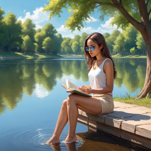 Prompt: 4k , high resolution , professional , detailed , park , bright blue sky , trees , lake , art photography , digital painting , woman  sitting near  the lake and putting legs on water ,she is relaxing , she is reading a book   , she is wearing white sleeveless shirt , beige shorts , dark skin , long hair , sunglasses with mirrored lens 