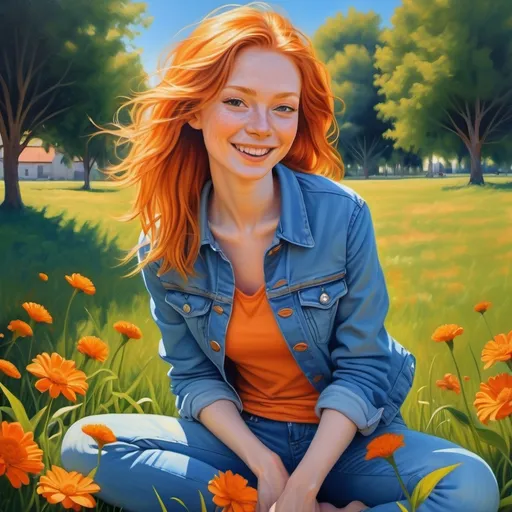 Prompt: open nature , bright blue sky , beautiful day , happy vibe , orange flowers , a ginger woman(jeans jacket , orange shirt , skinny jeans) sitting on the grass  , oil painting , happy colors , freedom , sunlight streaming on the woman , 4k , high resolution , detailed