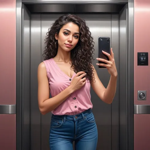 Prompt: 4k, high resolution, digital painting, art photography, elevator, detailed elevator, building , a 34 years old woman taking a selfie,she stands near closed elevator  ,long black curly hair, brown skin, pink buttoned sleeveless  t-shirt, v-neck, blue long skinny jeans, detailed features, professional lighting , 