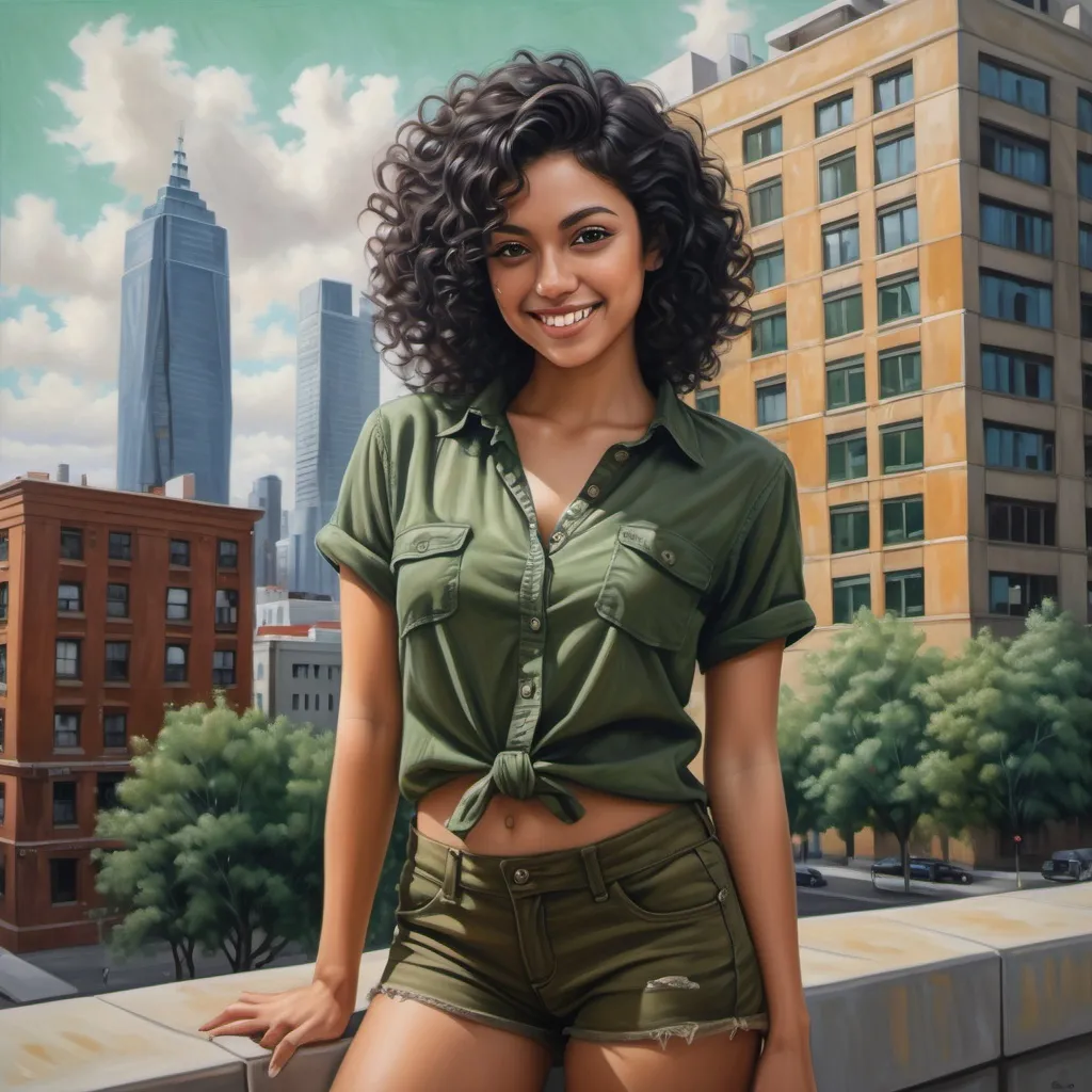 Prompt: a beautiful woman(black hair,curly hair, brown skin, ) in shorts and a dark green shirt posing for a picture in front of a building with a city in the background, modeling pose (low angle shot)  figurative art, extremely detailed oil painting, a photorealistic painting , she is smiling