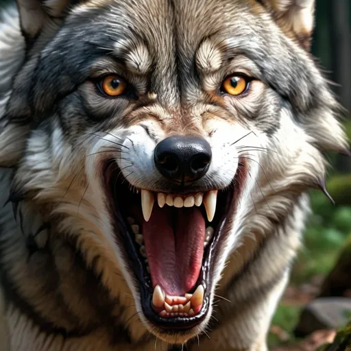 Prompt: 4k , high resolution , detailed photo , digital painting , photorealism , wolf in nature exposes his teeth , aggressive look , scary , close up , aggressive colors , 