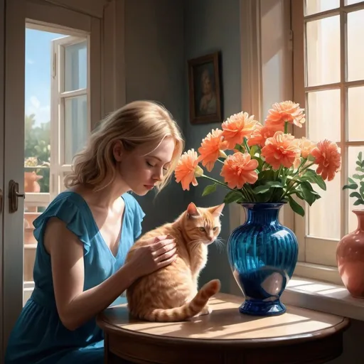 Prompt: 4k , high resolution , detailed , digital painting , realistic painting , dark room , window shutters,woman, a blue transparent vase on table , coral flowers on vase ,
a blonde woman holds ginger cat on her hands near to the vase,
sunlight shines the room