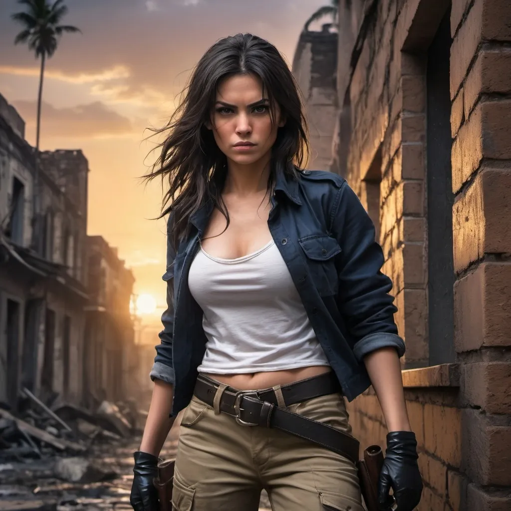 Prompt:   a criminal woman hiding  herself behind a brick wall ,illuminated  ,she holds gun , and pointing the gun at the viewer  ,l, close up, palm tree, old buildings in poor area,ruins, black long hair , khaki cargo pants, belt , wounded face , wet skin ,
,  navy blue jacket , white crop top shirt , black gloves , ,bandolier , intense action, third world country, angry face, professional,, urban setting, best quality, 4k, detailed clothing, intense expression, digital painting, dramatic and intense dark colors  , sunset , sky with many clouds   , crime movie 