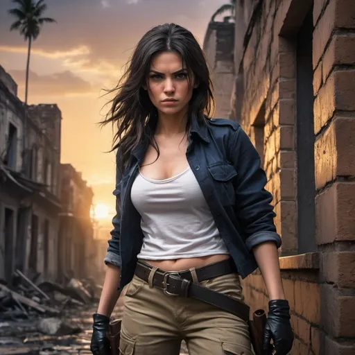 Prompt:   a criminal woman hiding  herself behind a brick wall ,illuminated  ,she holds gun , and pointing the gun at the viewer  ,l, close up, palm tree, old buildings in poor area,ruins, black long hair , khaki cargo pants, belt , wounded face , wet skin ,
,  navy blue jacket , white crop top shirt , black gloves , ,bandolier , intense action, third world country, angry face, professional,, urban setting, best quality, 4k, detailed clothing, intense expression, digital painting, dramatic and intense dark colors  , sunset , sky with many clouds   , crime movie 