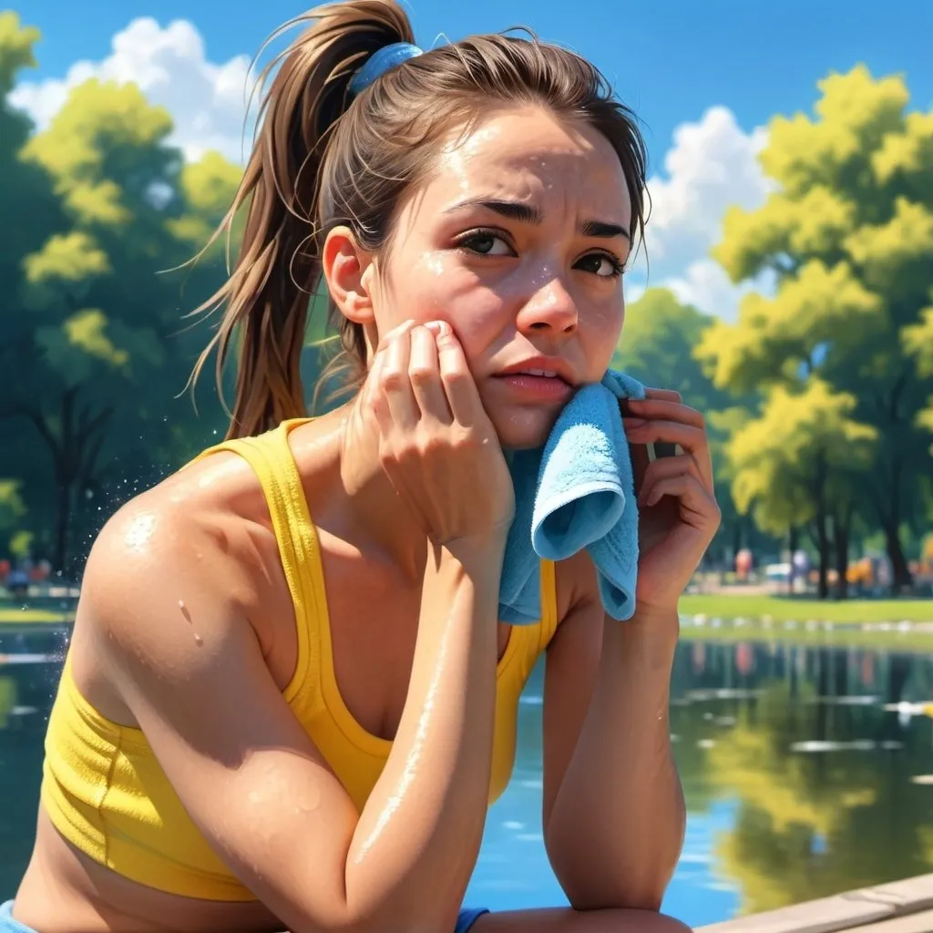 Prompt: 4k , high resolution, bright colors ,realistic illustration,  park , blue sky ,tree, a woman is sitting and cleaning her face with a towel  , model stance, lake , brunette hair , ponytail, yellow crop top shirt , blue sport shorts  , show floor ,dynamic ,close up , emotional face expression ,expressionism , low angle shot , portrait ,wet face