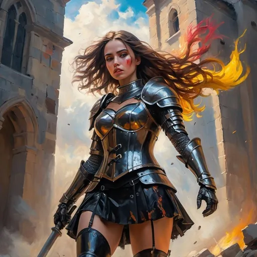 Prompt: 4k , high resolution , oil painting ,knight period, artistic ,fantasy ,destruction, bright colors , a warrior woman is standing proudly and rises the sword up in the air , victory pose , 
  , wounds on face , short black skirt with belt  , black combat corset,shields on both shoulders  , action , dynamic ,  , low angle shot ,show legs, emotional face,