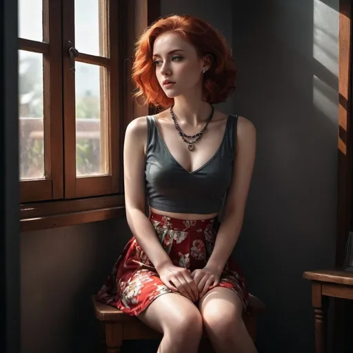 Prompt: 4k , high resolution ,dark colors ,digital painting ,glamour photography , art photography , professional , dark room , window with opened shutters ,sunlight shines the woman through the window  , a woman sitting on wooden chair with hands on her legs  , red hair ,pale skin, red sleeveless crop top shirt , detailed gray floral short circle skirt ,necklace , legs , close up ,drama , light and shadow photography , low angle shot 