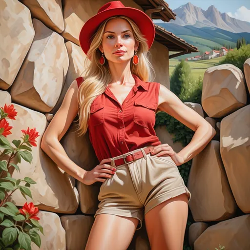 Prompt: 4k , high resolution , extremely detailed oil painting , realism , village , mountains , warm colors . spring season ,
a low angle of beautiful woman posing in modeling pose (long blonde hair , beige sleeveless shirt with red neckline  ,red elegant shorts ,earrings , summer red  hat )  bushes , small dry stone walling in the background , detailed face , she is 40 years old , legs