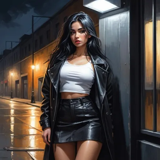Prompt: 4k , high resolution , expressionism , digital painting  , night , industrial , Roller Shutter Doors ,woman leans against the wall , boots  , miniskirt , black leather coat ,white crop top shirt, long black hair , street light , close up