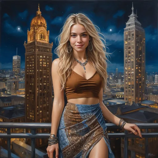 Prompt:  (photorealistic) woman, ( in brown blouse , Bohemian Maxi Skirt,long blond hair , bracelet, , ), posing for a picture, in front of a towering building, vibrant city lights in the background, deep blues and silvers of nighttime, intricate details in her outfit,  creating a lively ambiance, (extremely detailed) oil painting, capturing the essence of nightlife with a glossy finish, (high quality) 4K, ultra-detailed textures.l