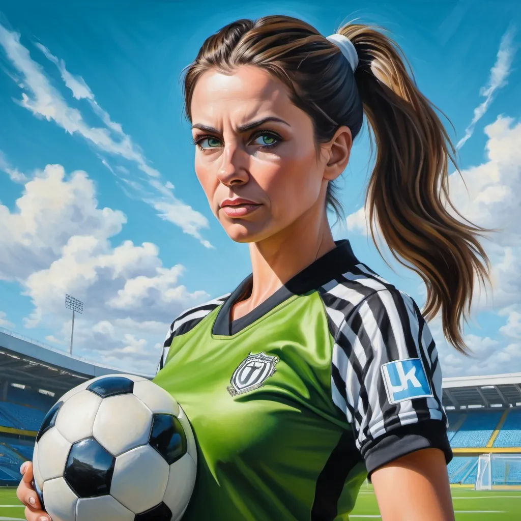 Prompt: 4k,oil painting,high resolution,professional, bright colors , blue sky ,soccer arena,low angle shot ,full body, a female referee is holding a soccer ball, portrait , ponytail, detailed face , angry face , brunette face , green eyes , dynamic , realism 