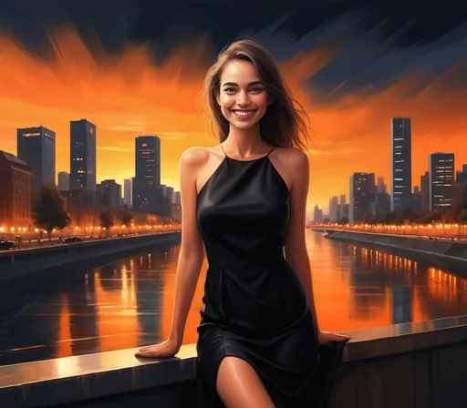 Prompt: digital painting of a city skyline with a woman (black dress) smiling  and  a river in the background at night time with a bright orange sky reflecting on the water , art photography, at night, high resolution , realism , beautiful sunset , low angle shot of the woman