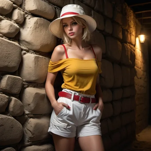 Prompt: 4k , high resolution . professional , realism ,dark colors ,glamour photography , art photography ,stone wall,road, sand , a woman leaning against the wall in modeling pose , blonde air , off shoulder yellow sleeveless shirt , white cargo shorts , belt ,kettle brim red hat: , detailed features, atmospheric lighting ,drama , low angle shot
