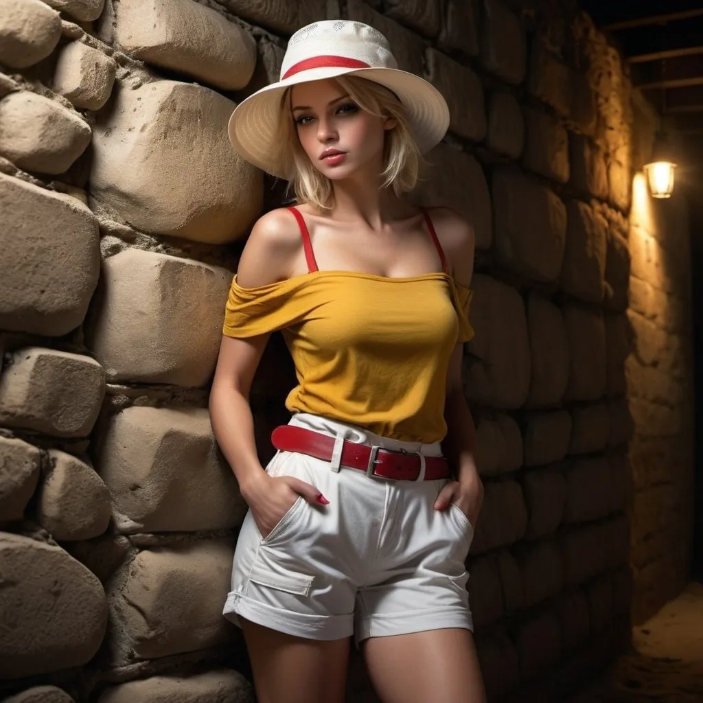 Prompt: 4k , high resolution . professional , realism ,dark colors ,glamour photography , art photography ,stone wall,road, sand , a woman leaning against the wall in modeling pose , blonde air , off shoulder yellow sleeveless shirt , white cargo shorts , belt ,kettle brim red hat: , detailed features, atmospheric lighting ,drama , low angle shot