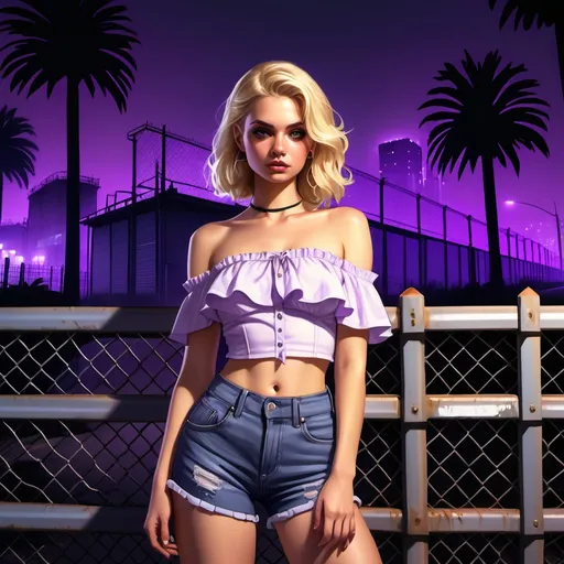 Prompt: gta style , a blonde woman wearing ruffle short sleeve tie up back crop top off shoulder Blouse , jeans shorts , 
she is standing near a fence   , urban setting at night. The environment and the woman  are illuminated by purple lighting, giving the scene a surreal . In the background, there are illuminated industrial-style structures, palm trees, and fencing, suggesting a mix of natural and urban elements.

