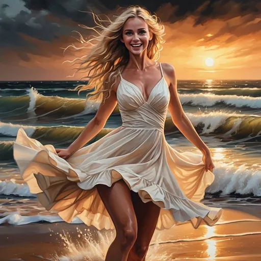 Prompt: 4k ,oil painting , high resolution ,artistic, dark colors, sea , sunset , sand , a woman is dancing,dramatic dance ,good mood, fun,joy, white cream short dress ,detailed dress, blonde long hair  ,dynamic, dress moves while dancing , low angle shot ,legs , good composition , strong wind , close up , strong wave,dress is wet 