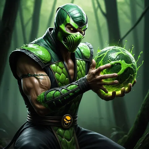 Prompt: high resolution ,4k , fantasy  ,dark colors ,forest , digital painting , illustration , hyper realism , mortal kombat 
 , reptile holds  an magical green acid slime ball
 , low angle shot , show full body , combat stance , green skin 