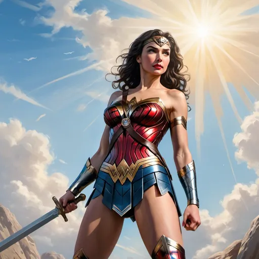 Prompt: 4k,oil painting,high resolution,professional, bright colors , blue sky,modeling , wonder woman is modeling  ,she is holding sword  ,show thighs  ,focus on legs , close up , portrait , view from the ground , low angle shot , she looks powerful , she looks up , sunlight shines on wonder woman