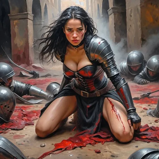 Prompt: 4k , high resolution , oil painting ,knight period, artistic ,fantasy ,destruction, bright colors ,red gray and black colors, a warrior woman  ,she is crawling on the floor with suffer efforts to survive , sword on the ground  ,   black hair  , 
  , wounds on face , short black skirt with belt  , black combat corset,shields on both shoulders  , action , dynamic ,  , low angle shot ,show legs, emotional face,